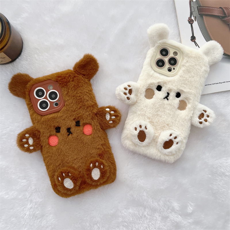 Phone Cases Iphone 13 - Korean 3D Cartoon Bear Fluffy Plush